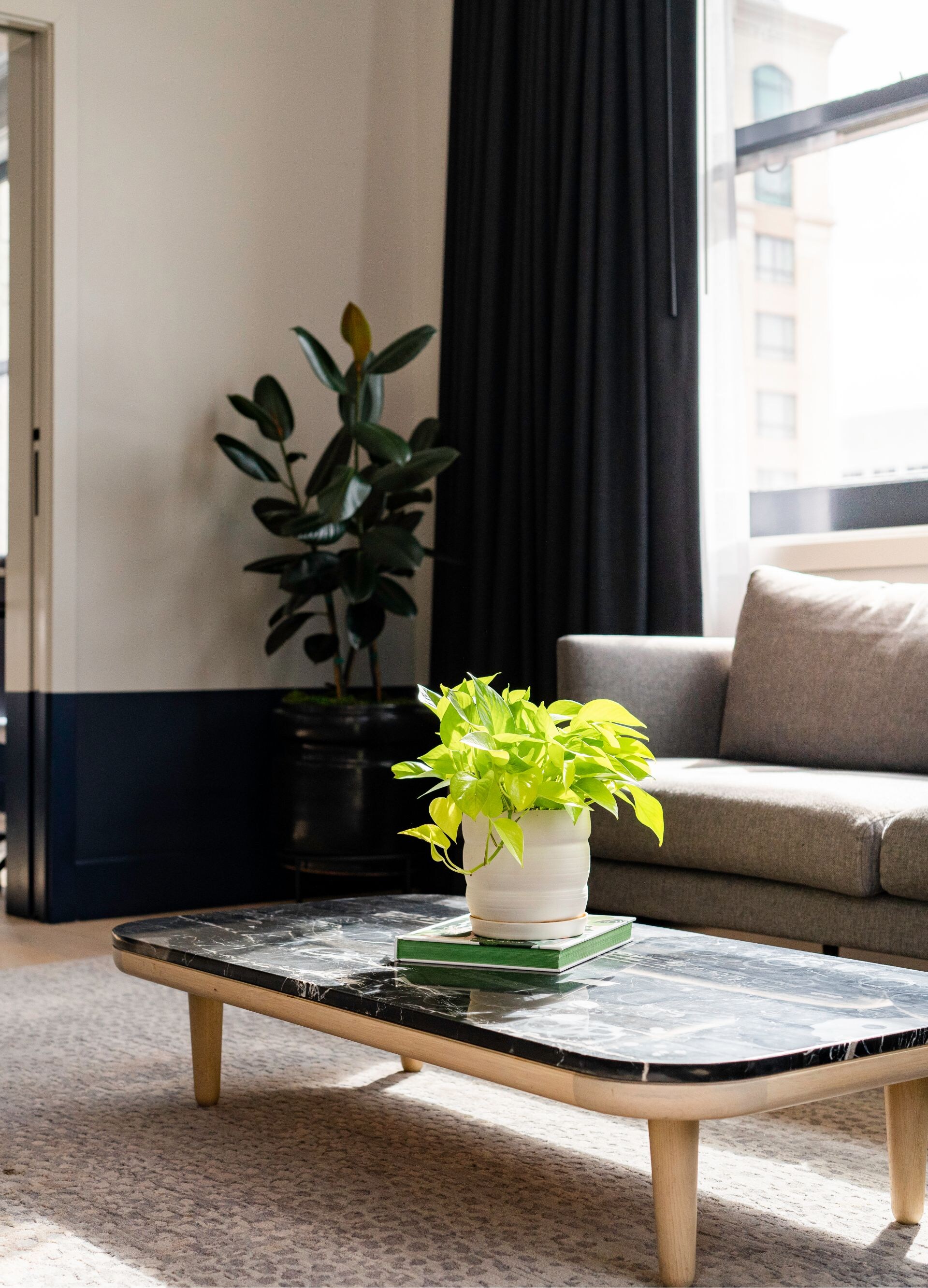 couch, coffee table, view into bedroom
