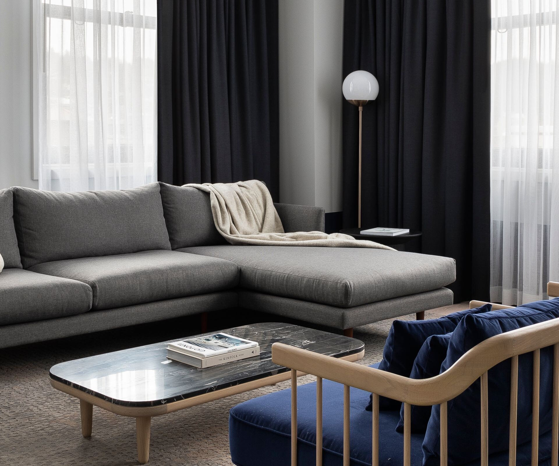 couch, chaise lounger, chairs, large windows