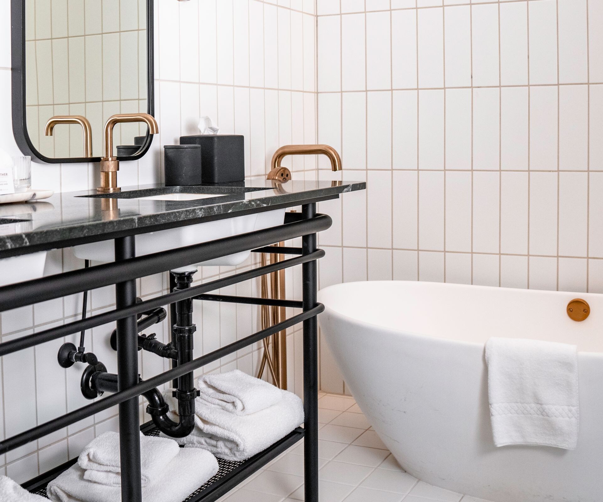Large soaking tub, double vanity