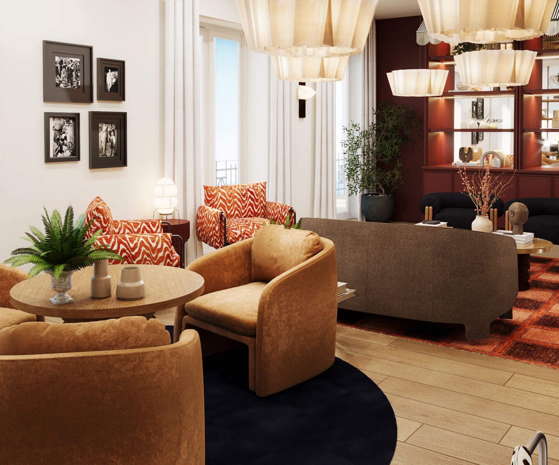Lobby lounge area with seating and elegant lightin