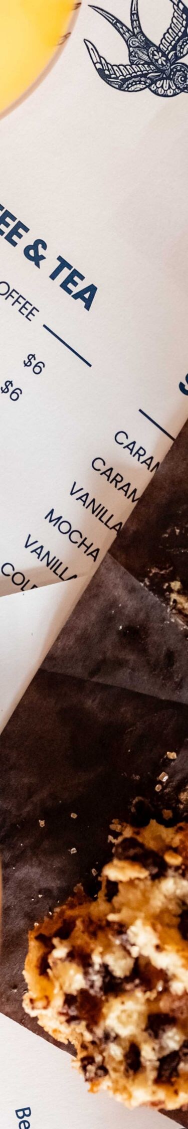 variety of pastries, coffee, and juice with menu