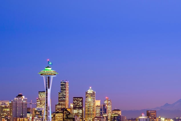 View of the Space Needle and skyline of Seattle.