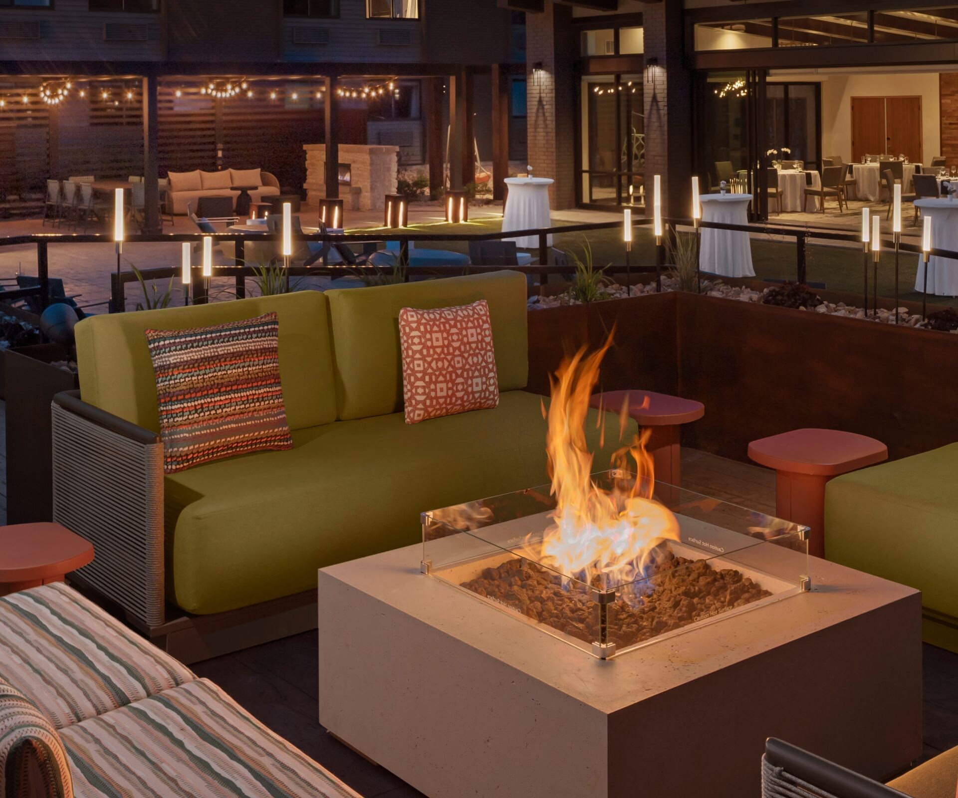 Courtyard at Night, firepit, lighting