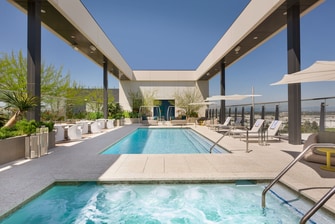 Rooftop pool and hot tub overlooking Anaheim