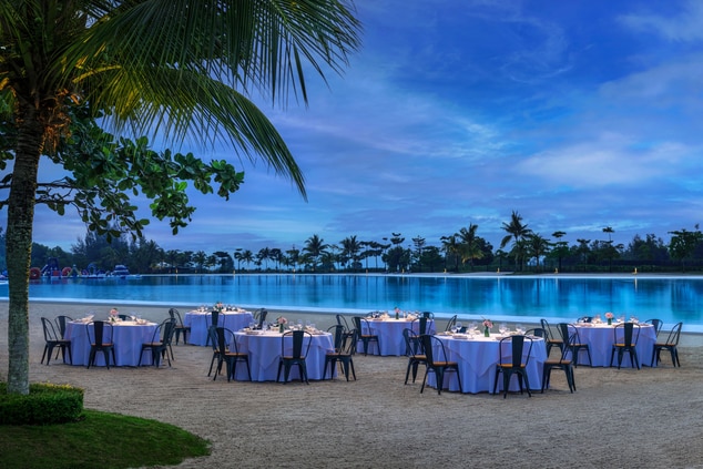 Group dinner venue with sunset view.