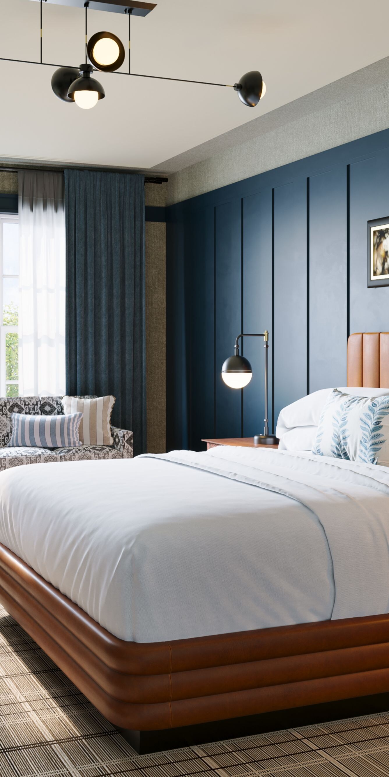 bed, dresser, armchair, table, TV