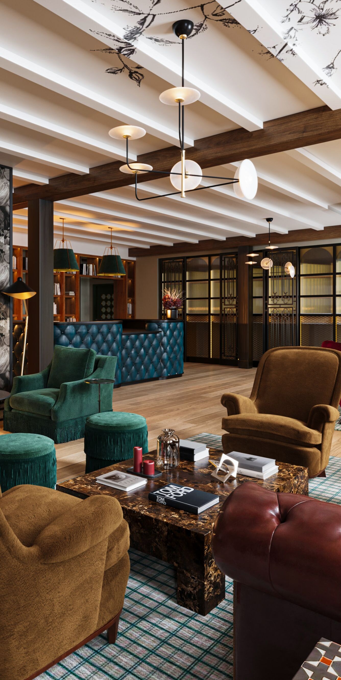 Lobby seating with sofas, chairs, fireplace.