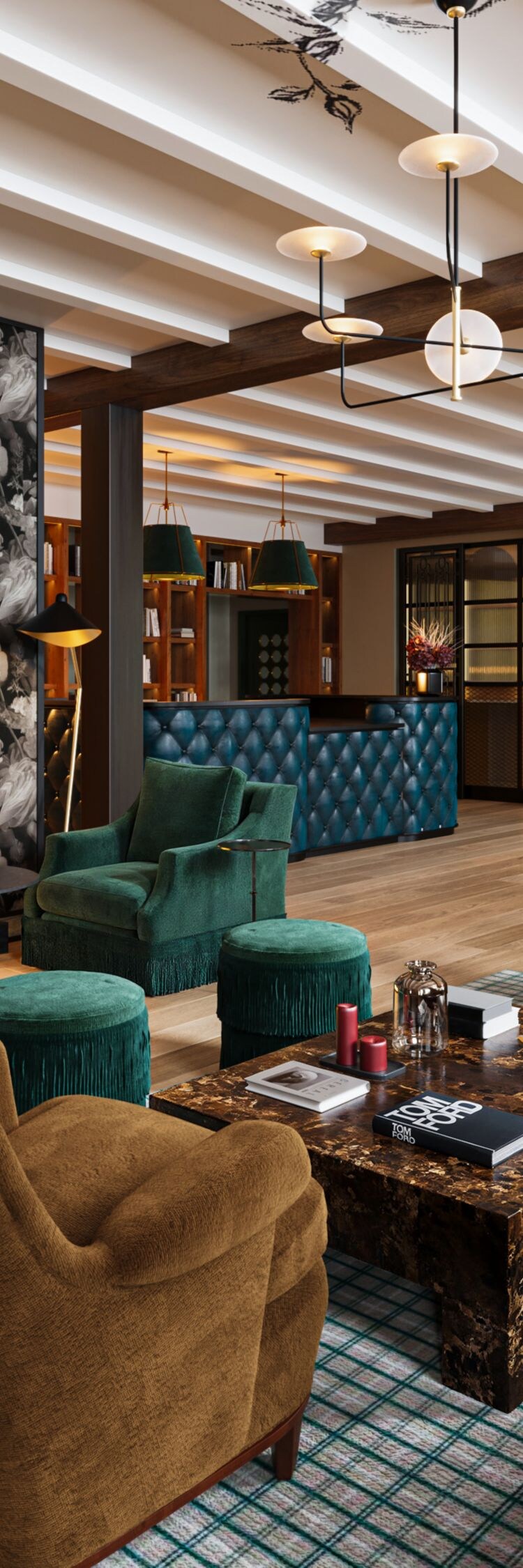 Lobby seating with sofas, chairs, fireplace.