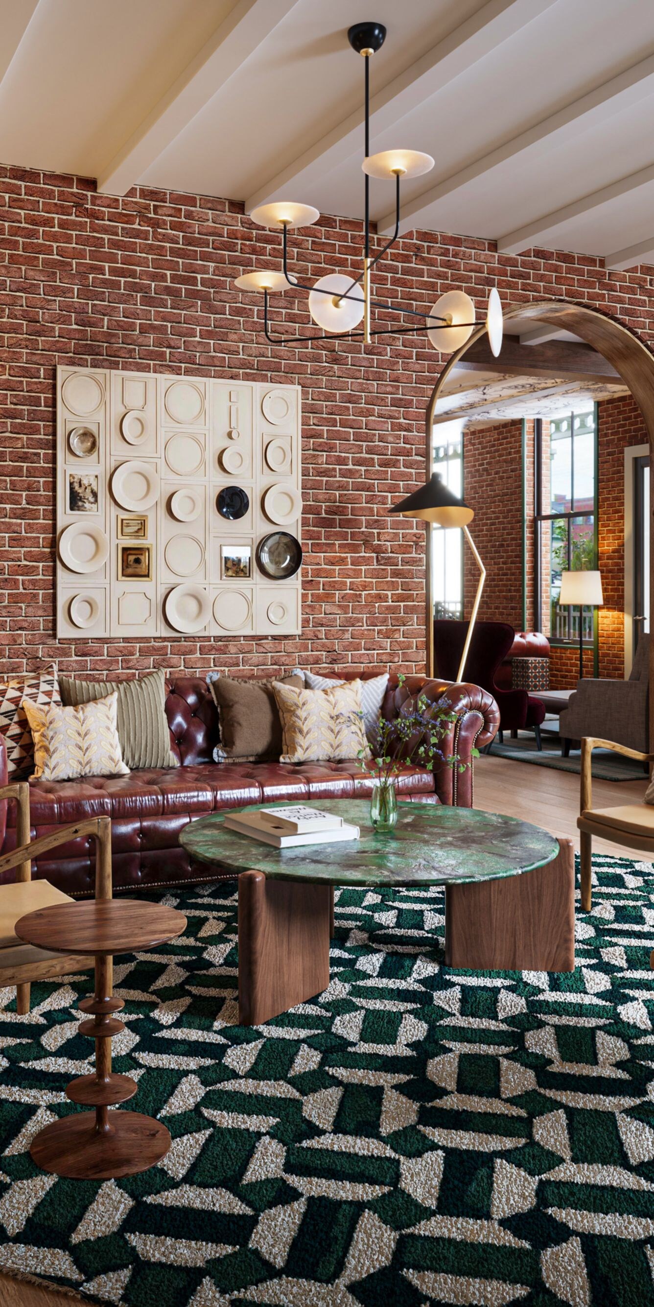 Lobby seating with sofas, chairs, fireplace