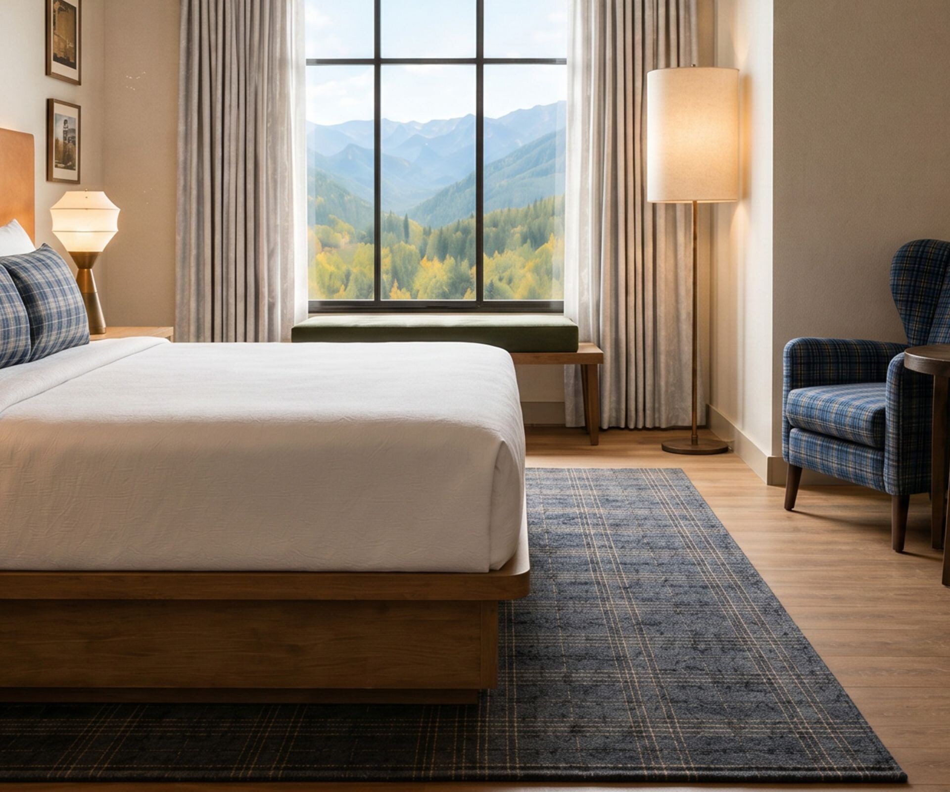 King guest room with mountain view and seating