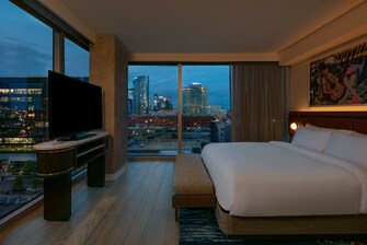 Evening bedroom with skyline.