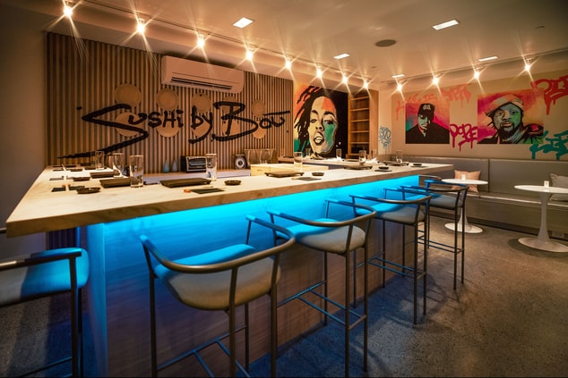 Wide view of the chef sushi area with seating.