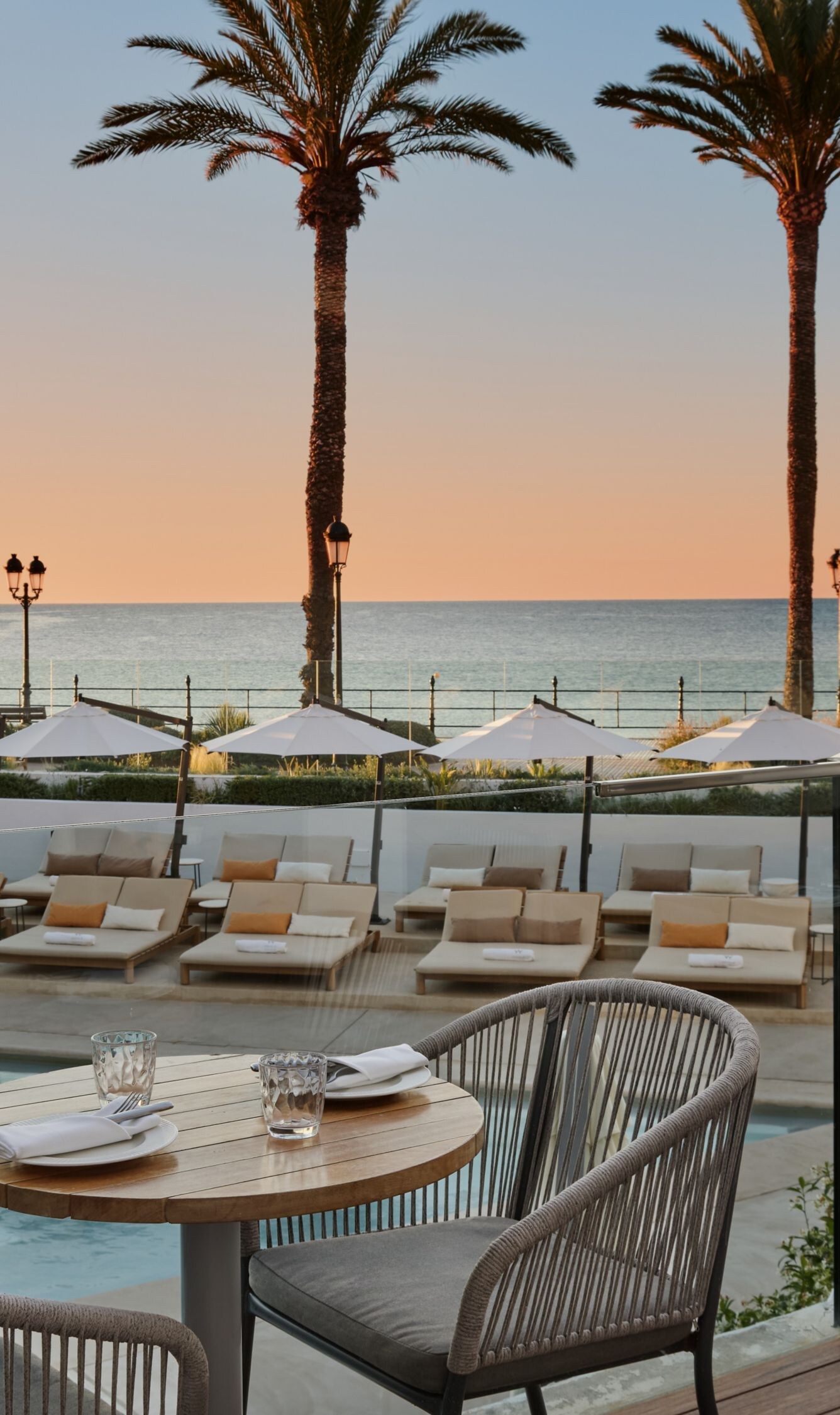 Restaurant tables at sunrise