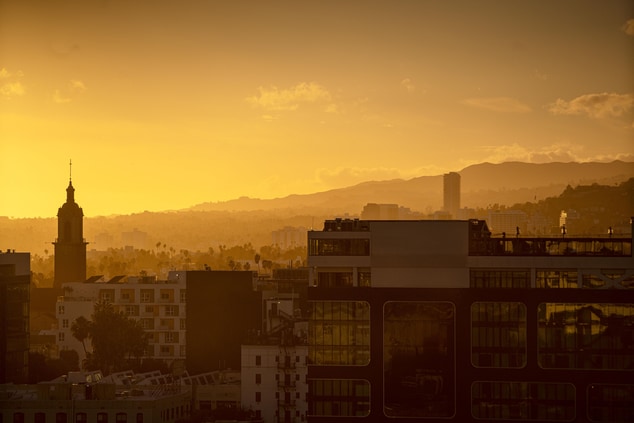 Los Angeles skyline at sunset. 