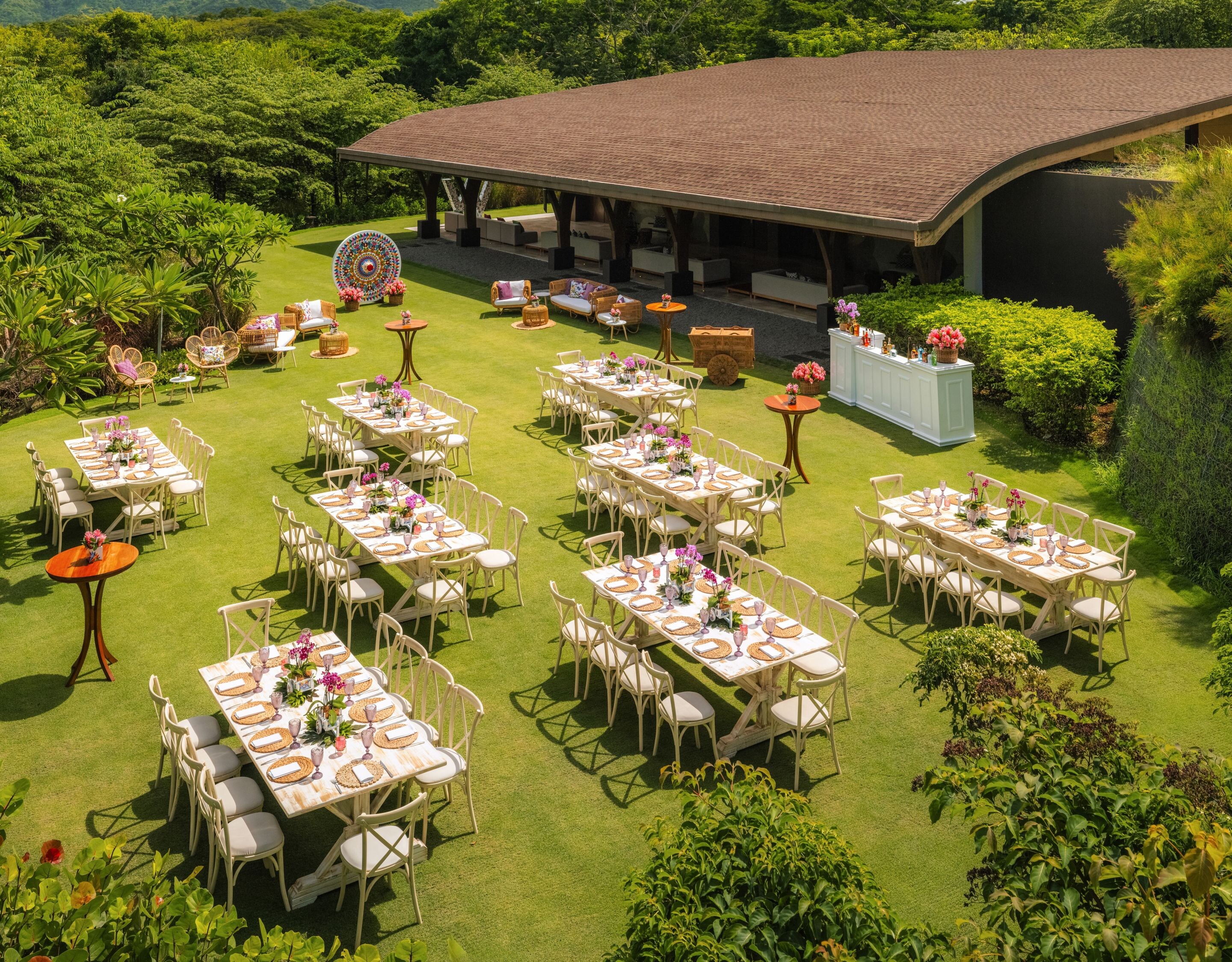 Garden view, event set up, chairs, tables, flowers