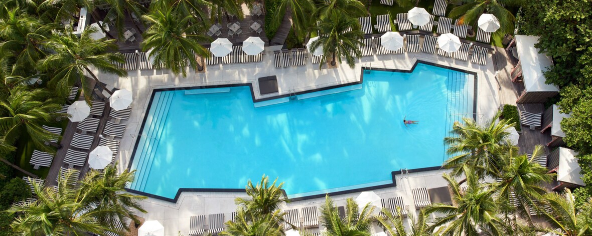 Blick von oben auf den von Palmen umgebenen Pool