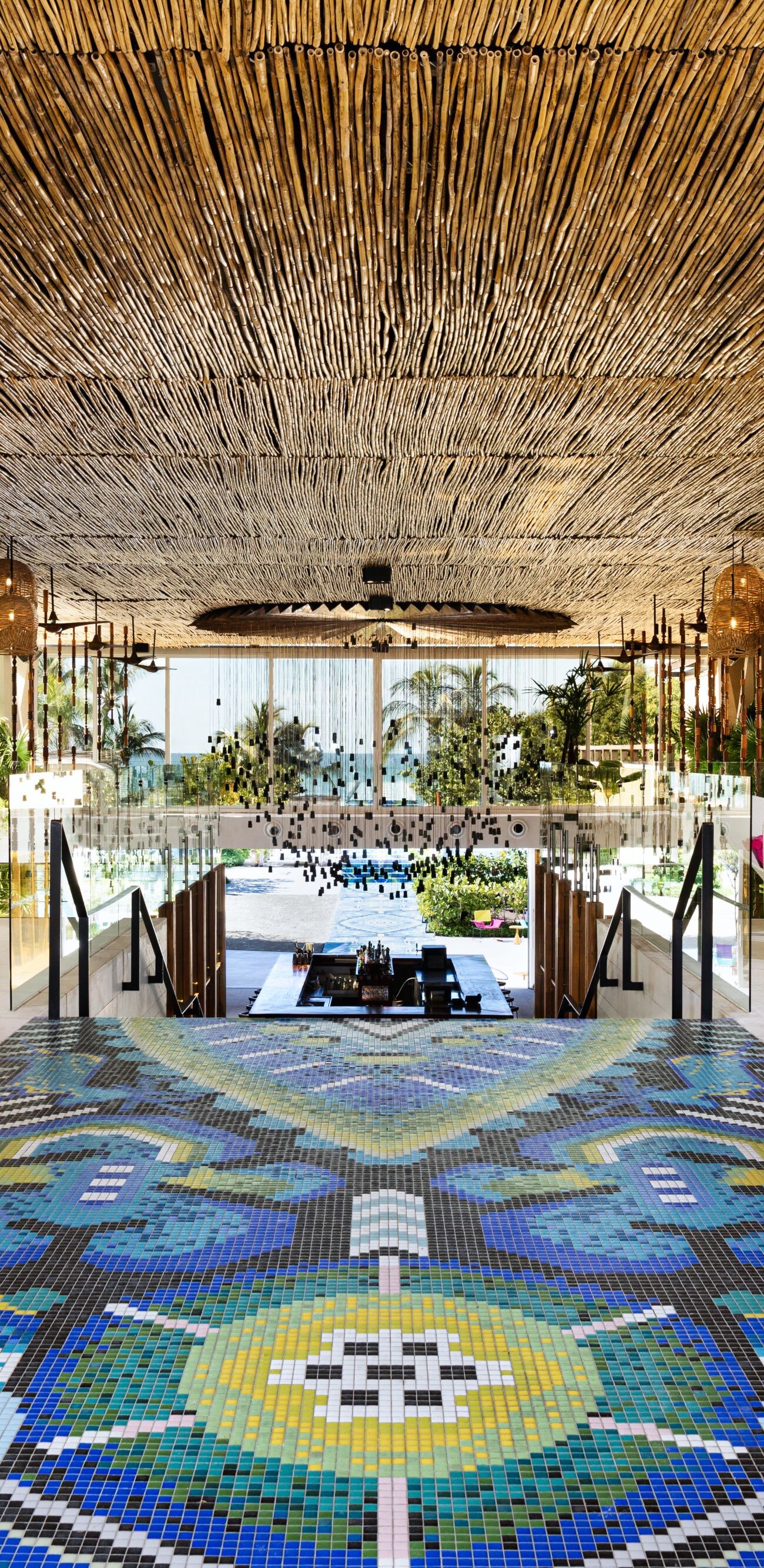Hotel lobby with colorful tile floor