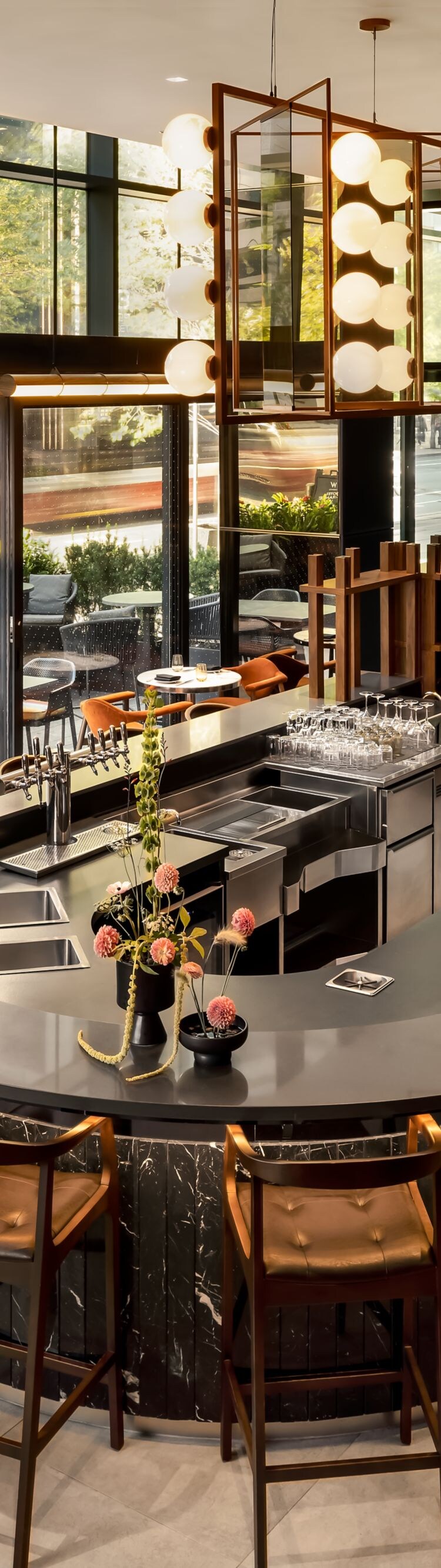 Modern bar with marble base and city views