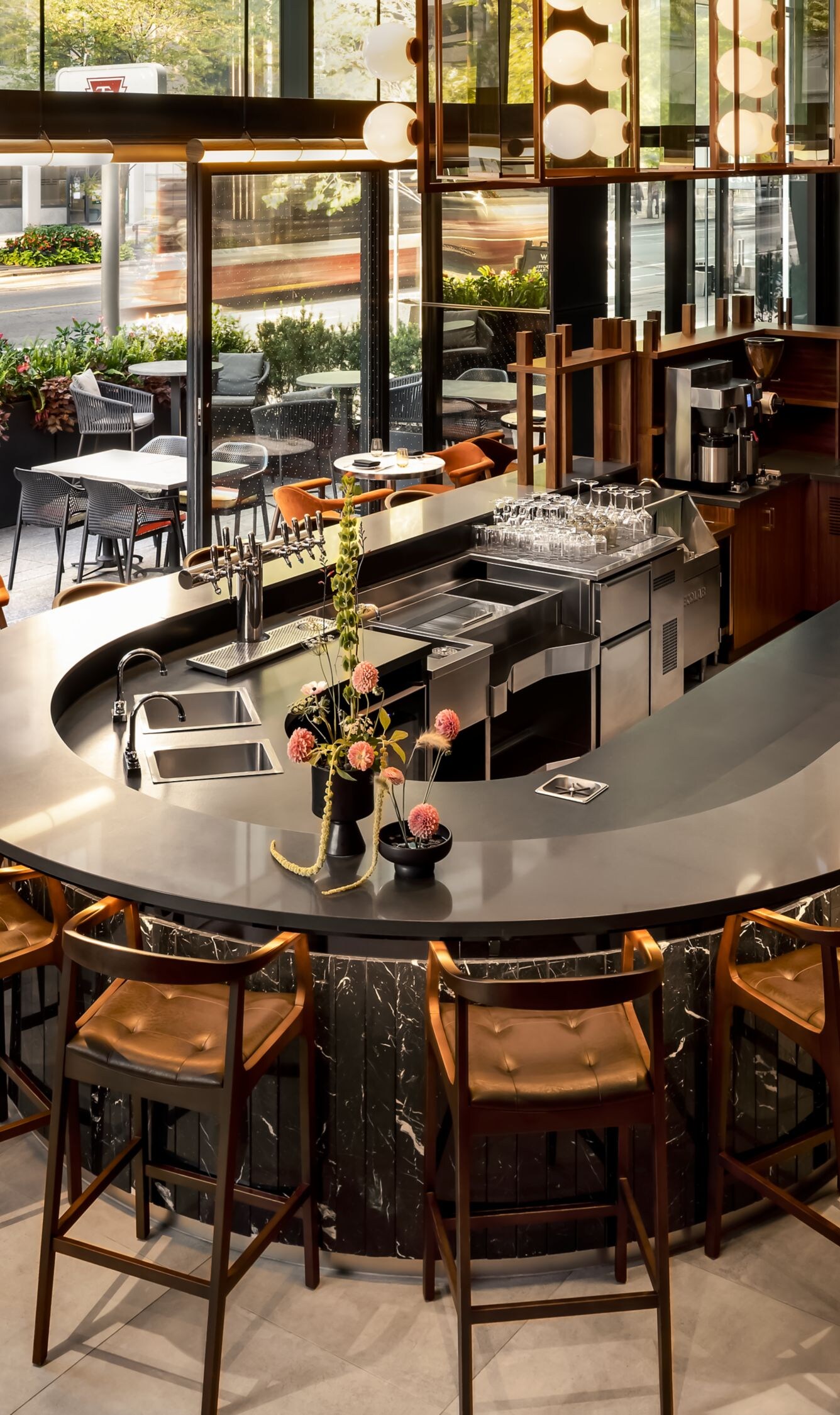 Modern bar with marble base and city views
