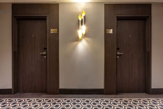 Corridor, room doors, fashionable lamp