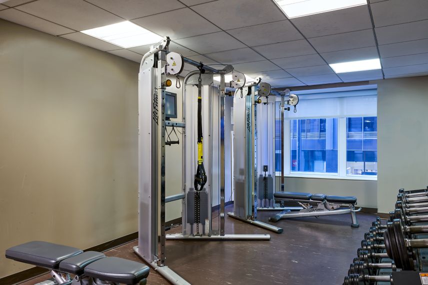 Fitness center with free weights and weight machin