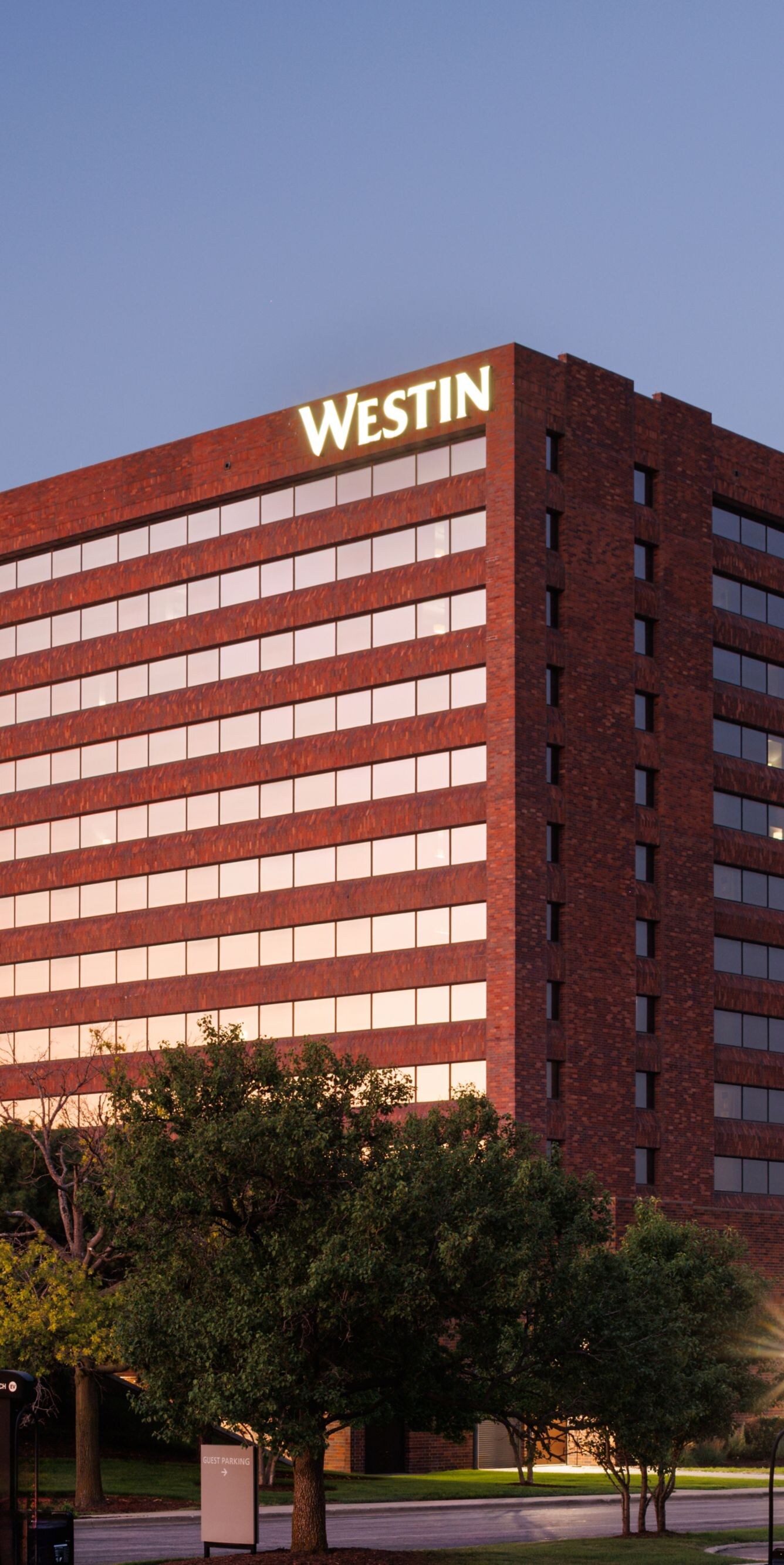 Hotel building illuminated at twilight