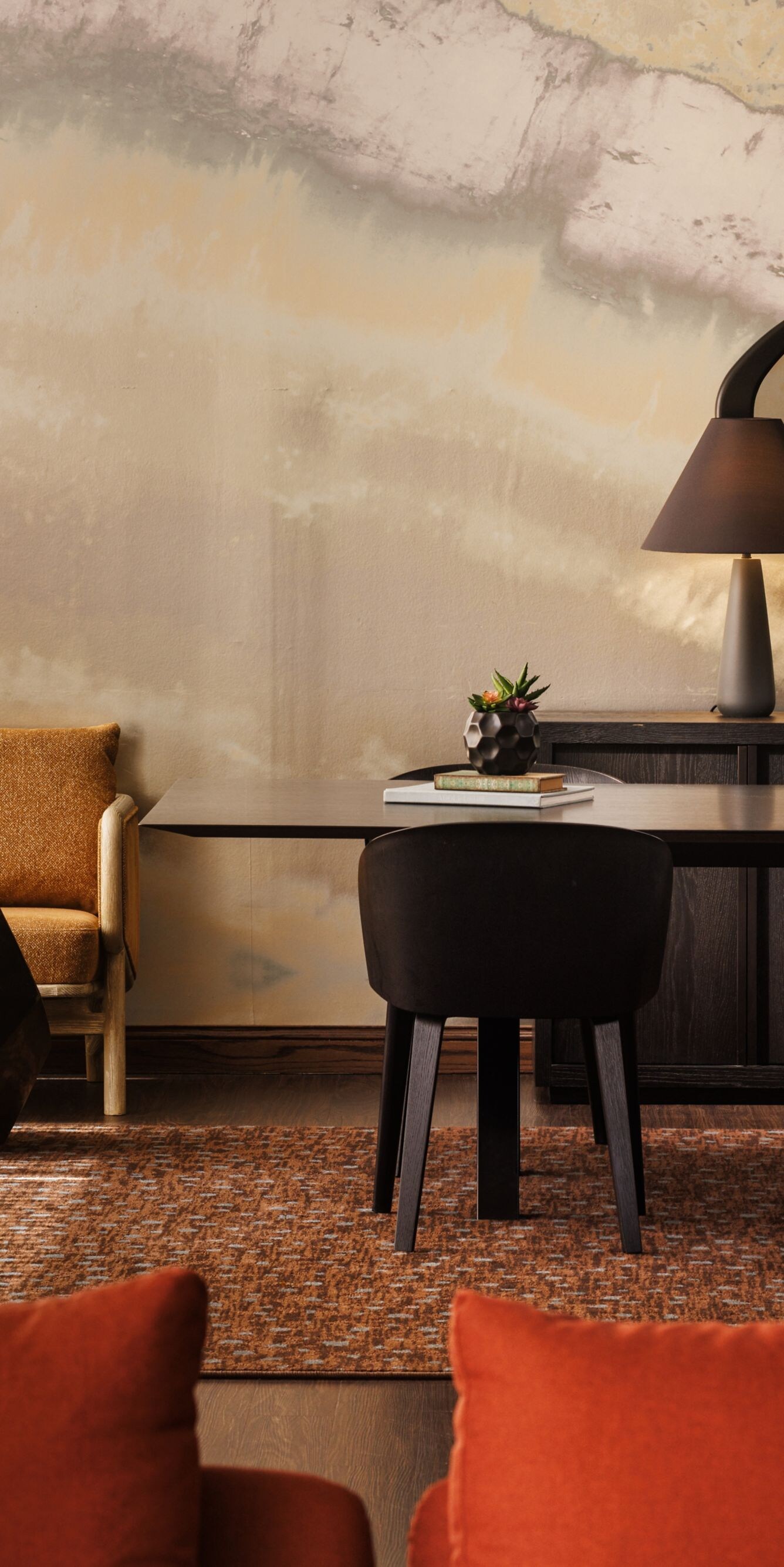 Hotel lobby lounge with sofas and tables