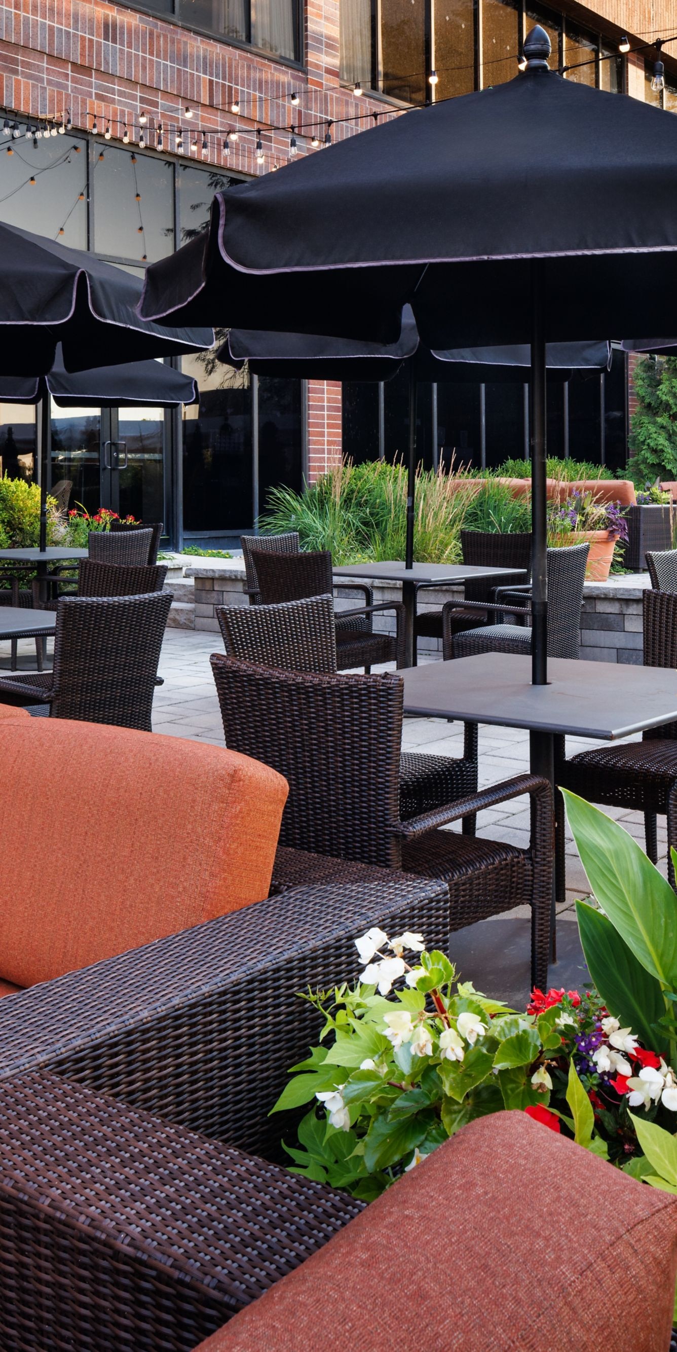 Patio seating with umbrellas
