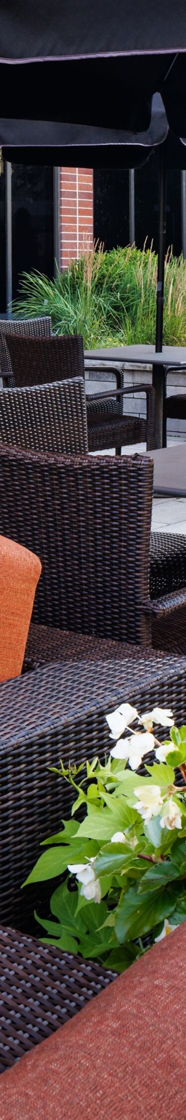 Patio seating with umbrellas