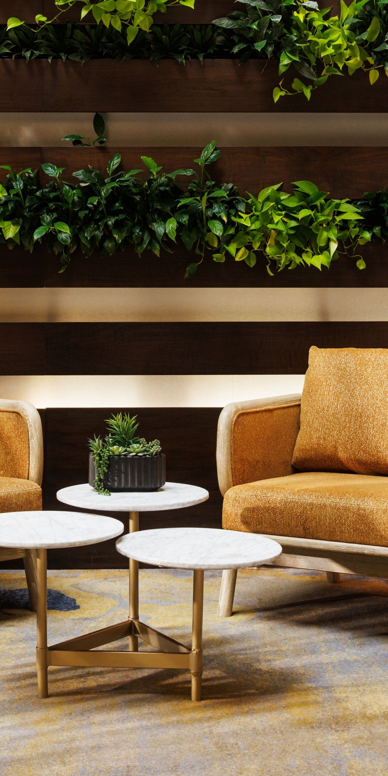 Lounge chairs beside living plant wall