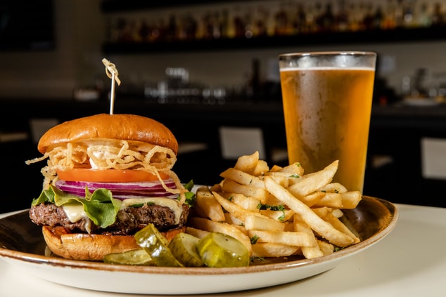 restaurant, plate, burger, fries, beer, glass