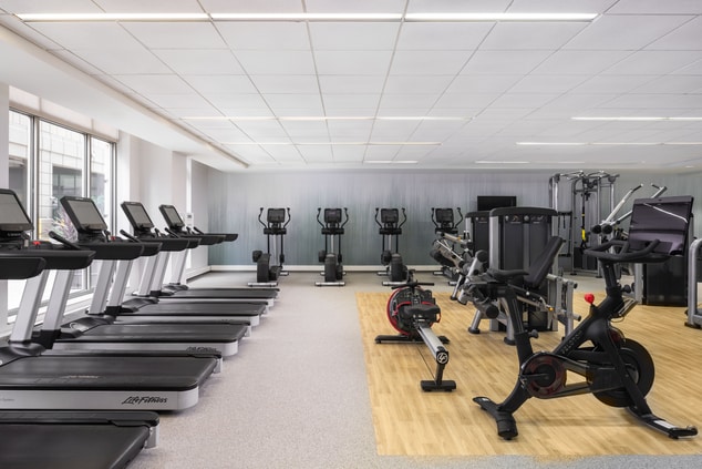 Spacious gym lined with cardio machines. 