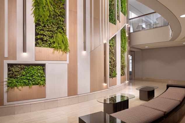 Lush green living wall in the hotel lobby. 