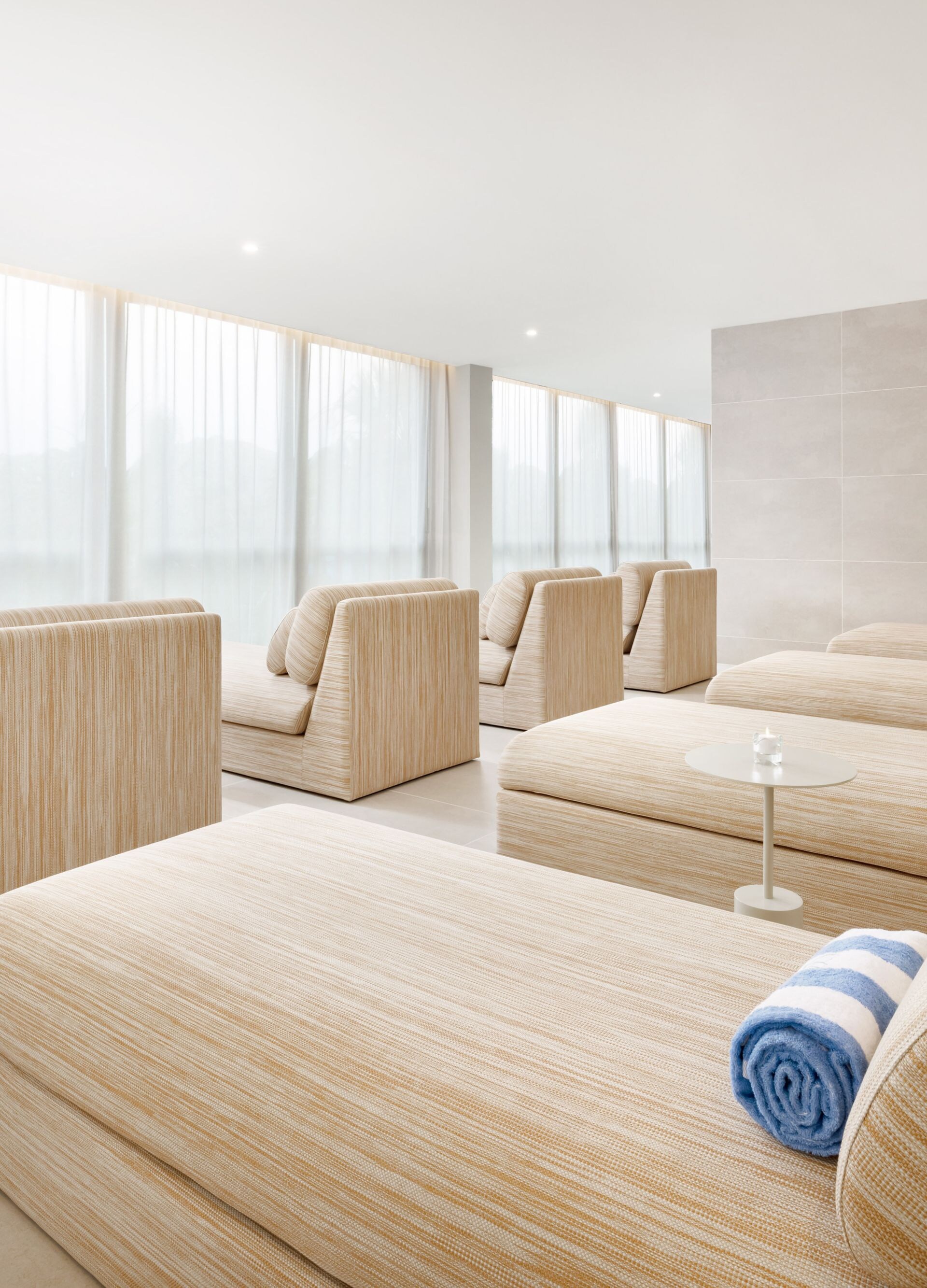 Bright spa relaxation lounge with daybeds at The W