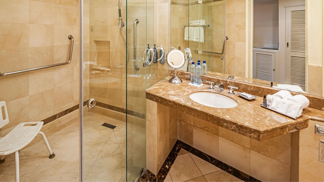 Roll-In Shower, sink, vanity, mirrors  