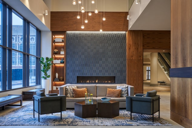 Lobby fireplace with seating