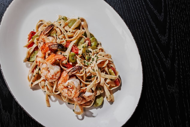 Shrimp, pasta, and vegetables