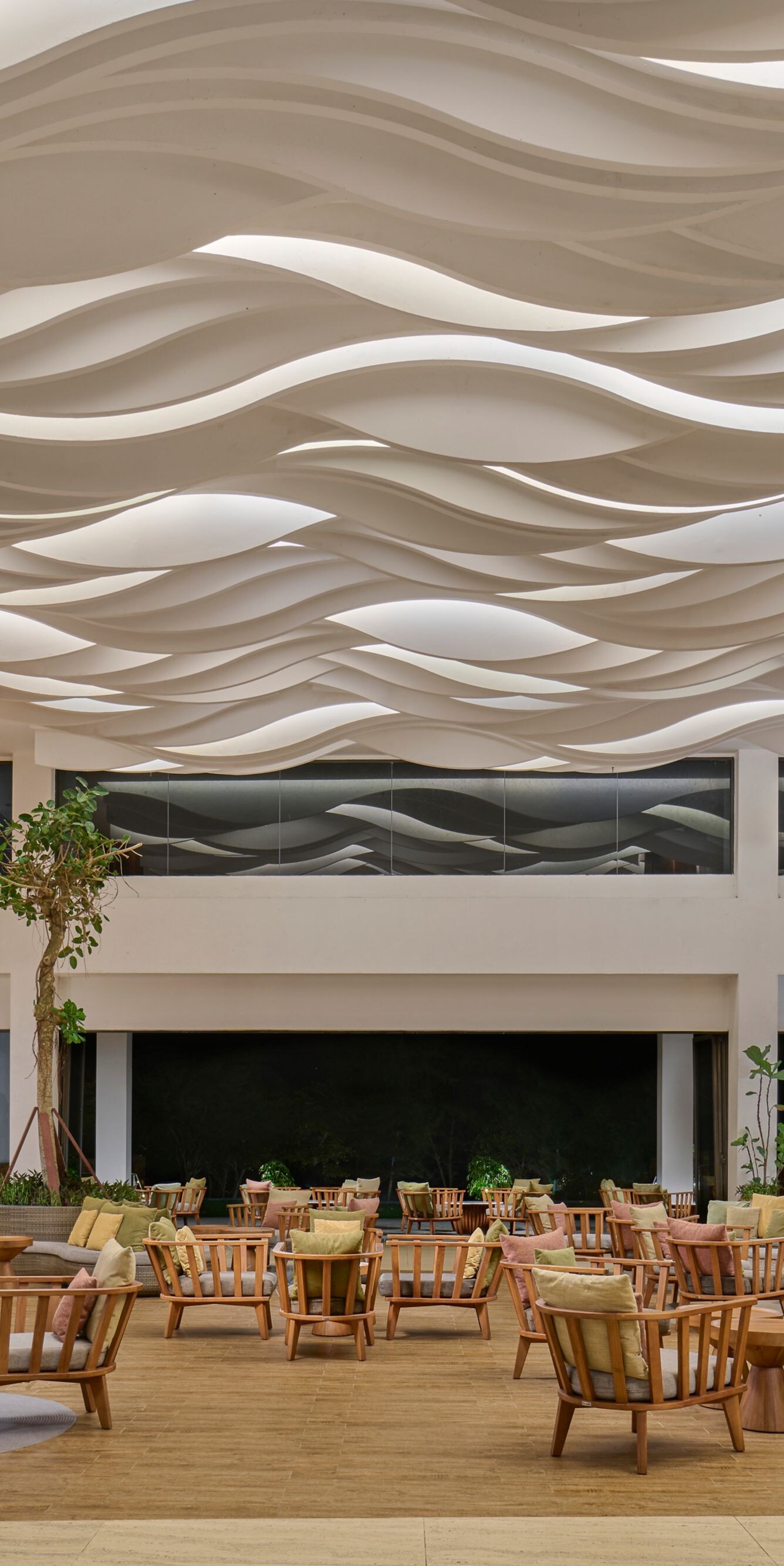 Lobby with wave ceiling and seating