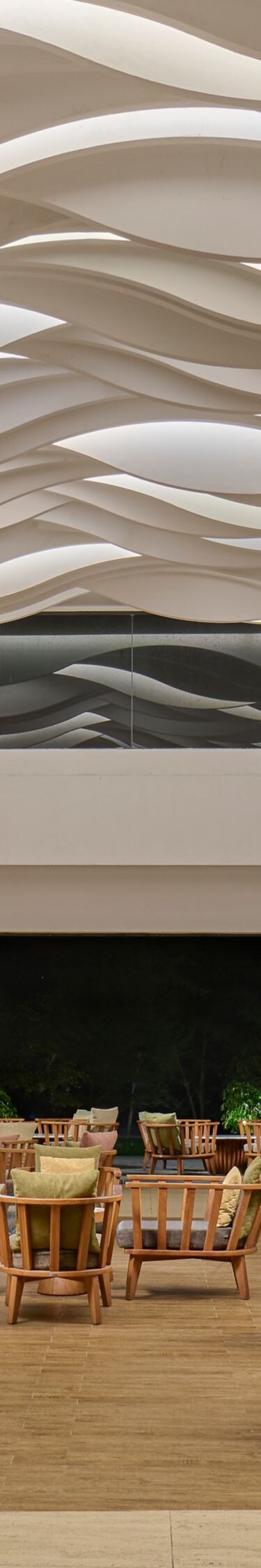 Lobby with wave ceiling and seating