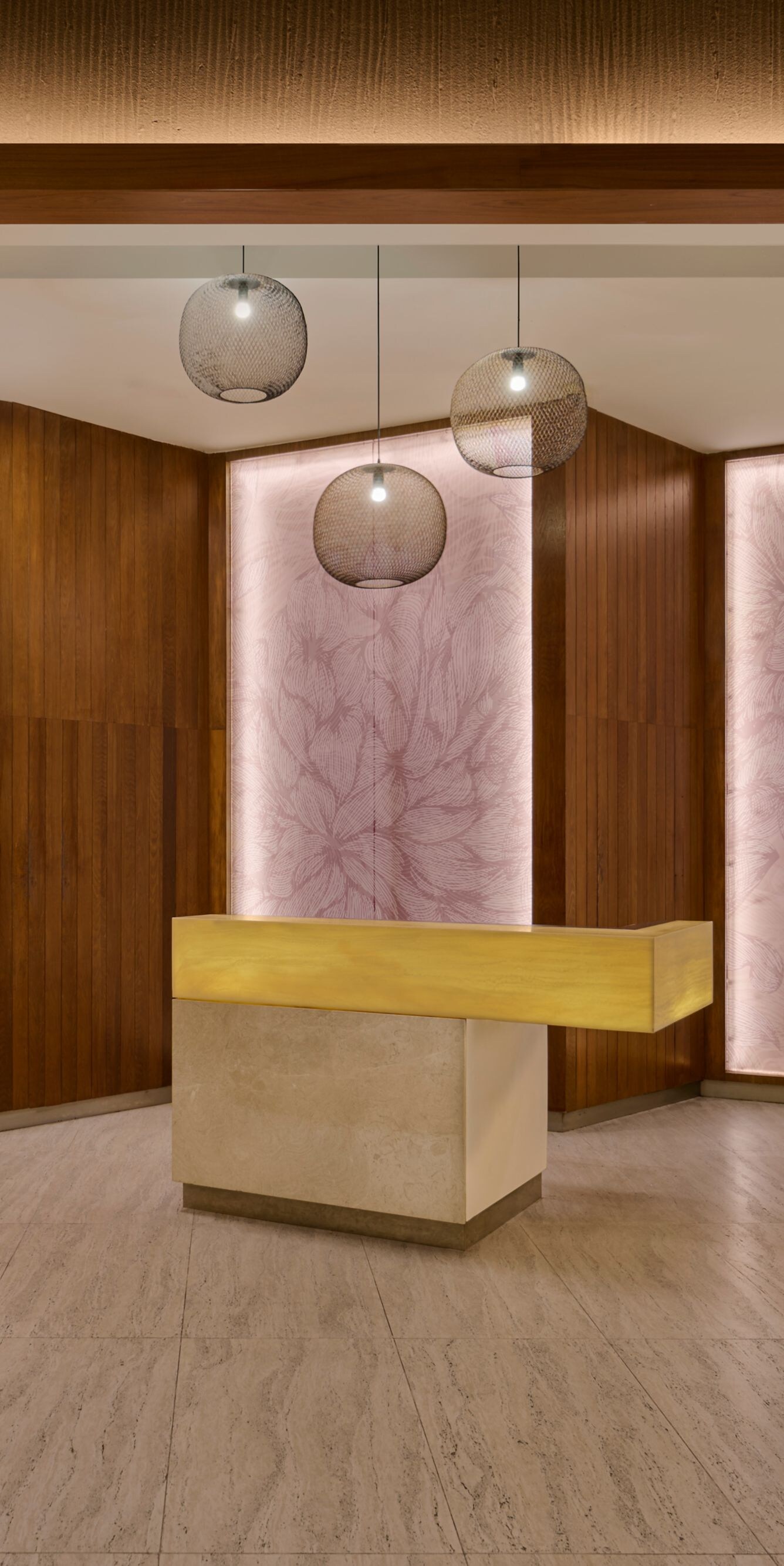 Reception desk with modern pendant lights