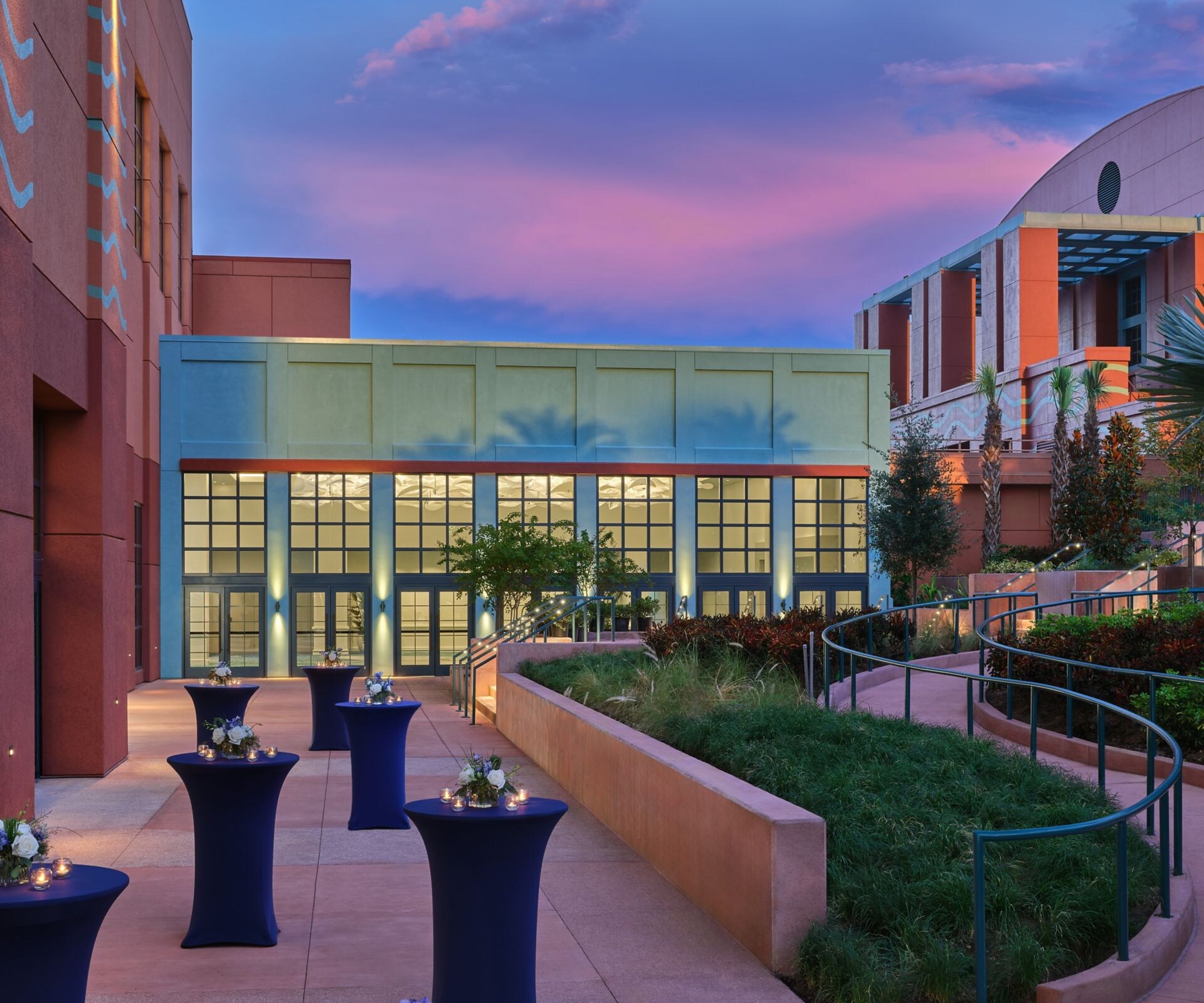 Outdoor reception walkway at sunset