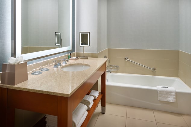 bathroom with a spacious vanity, large mirror