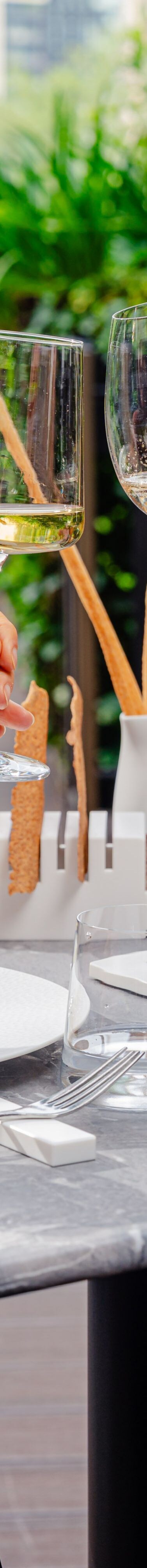 Guests dining at a table with wine glasses