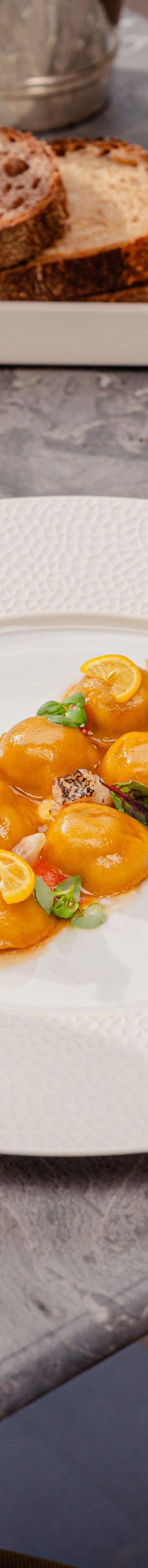 Seafood ravioli dish 