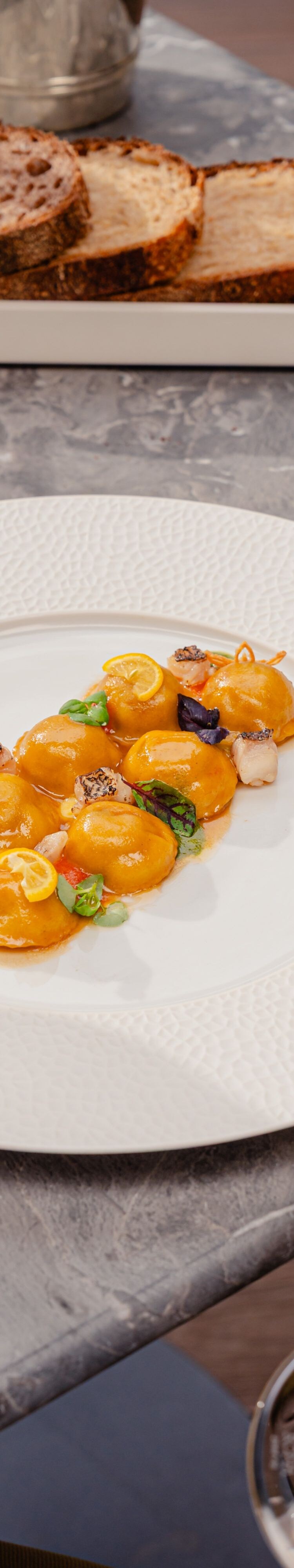 Seafood ravioli dish 