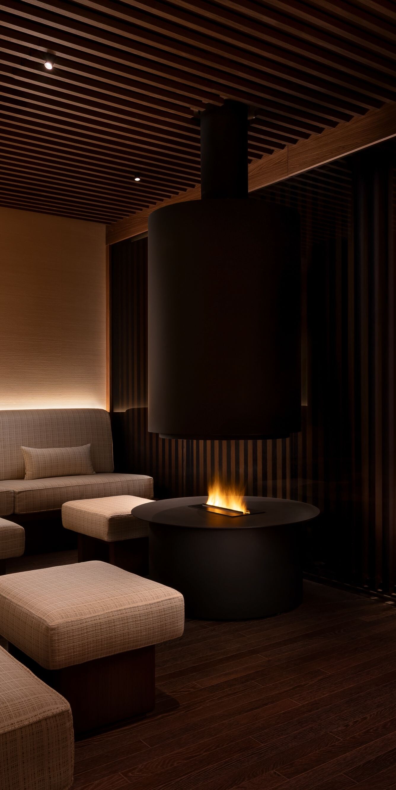 Sala relax della Tèra Spa con divani e caminetto acceso