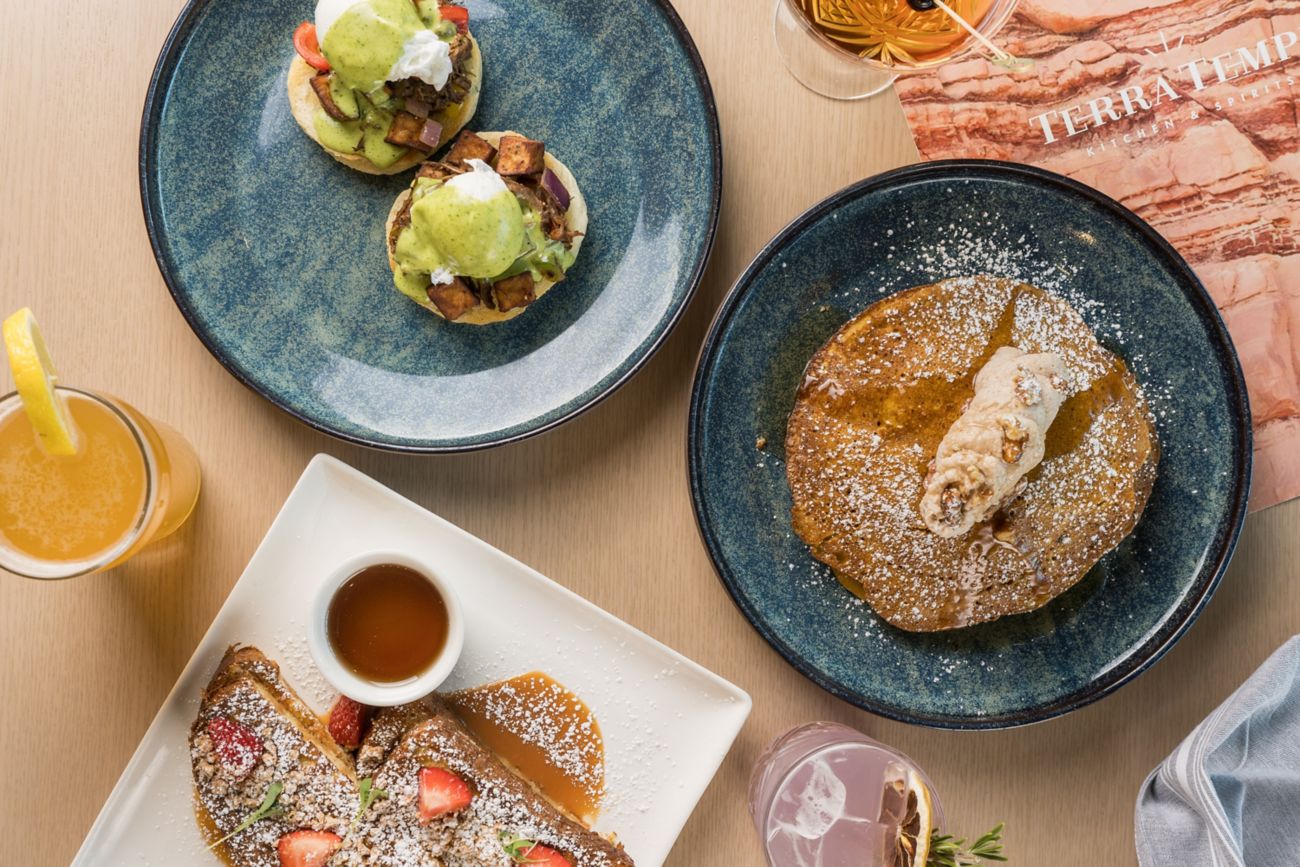 Brunch items with pancakes, French toast and more