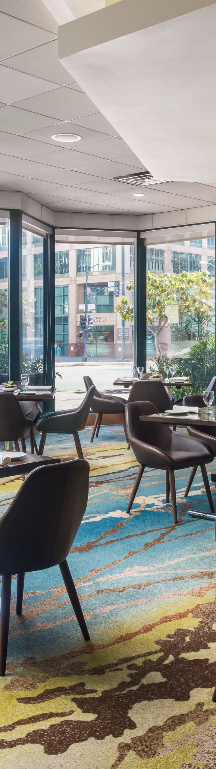 The restaurant tables and chairs