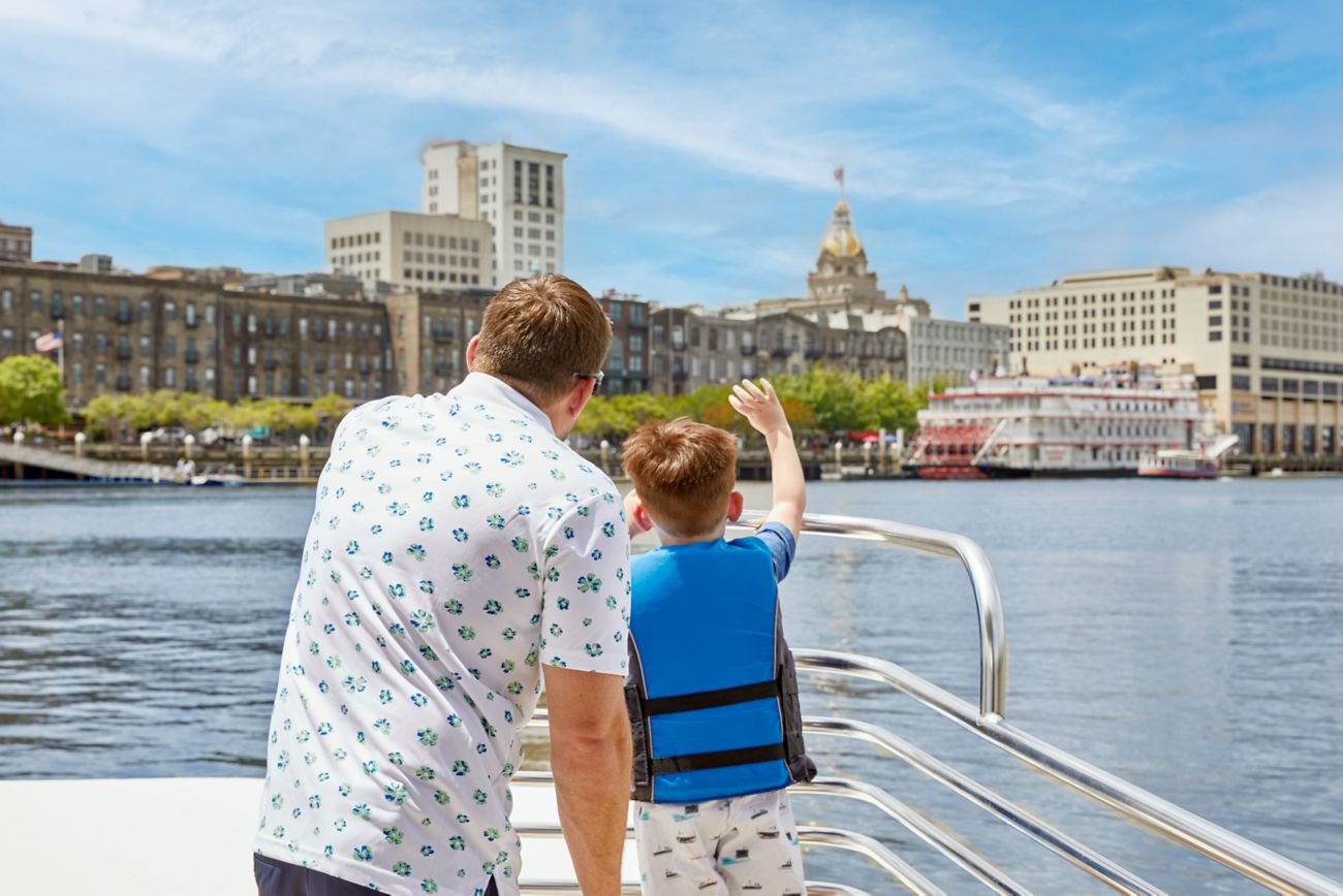 Dad and Son on Boat Tour in Savannah