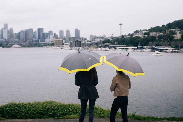 Two women with umbrellas overlooking water